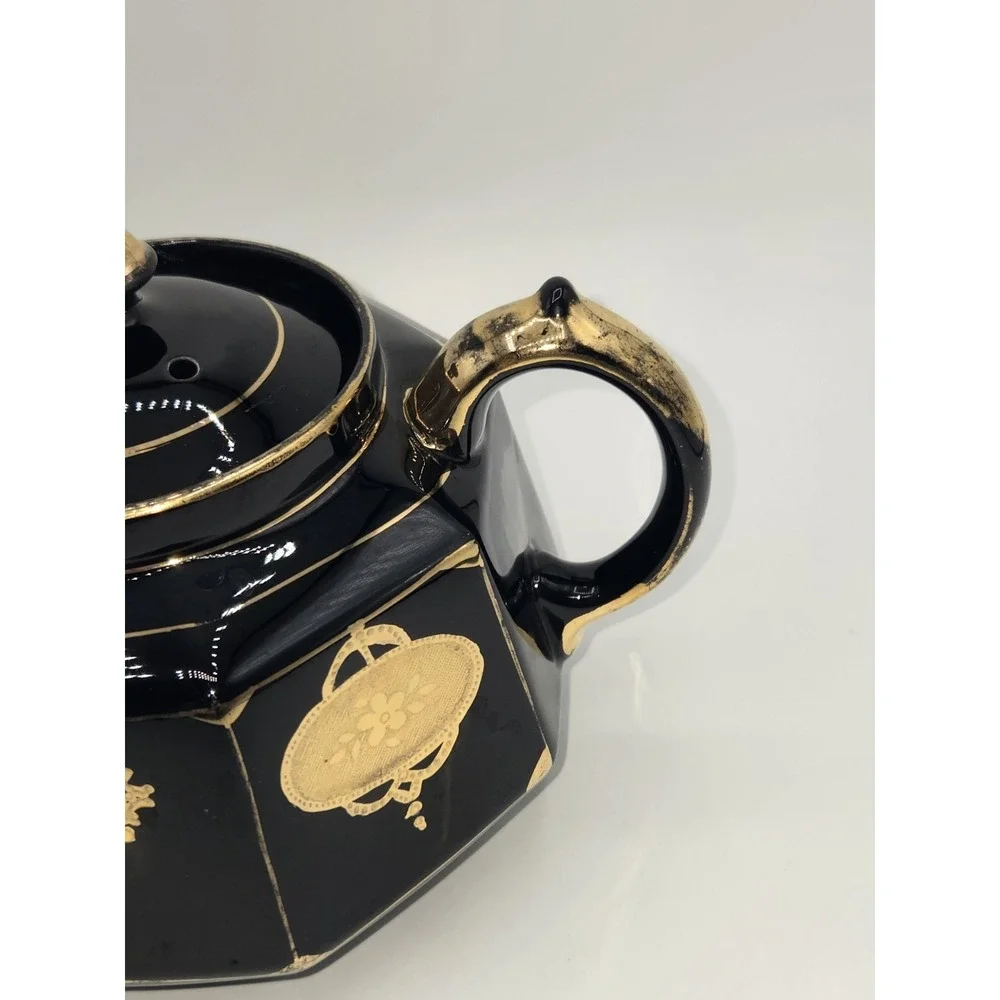 Gibson & Sons Black Celt Teapot Gold Transferware Burslem England Octagonal